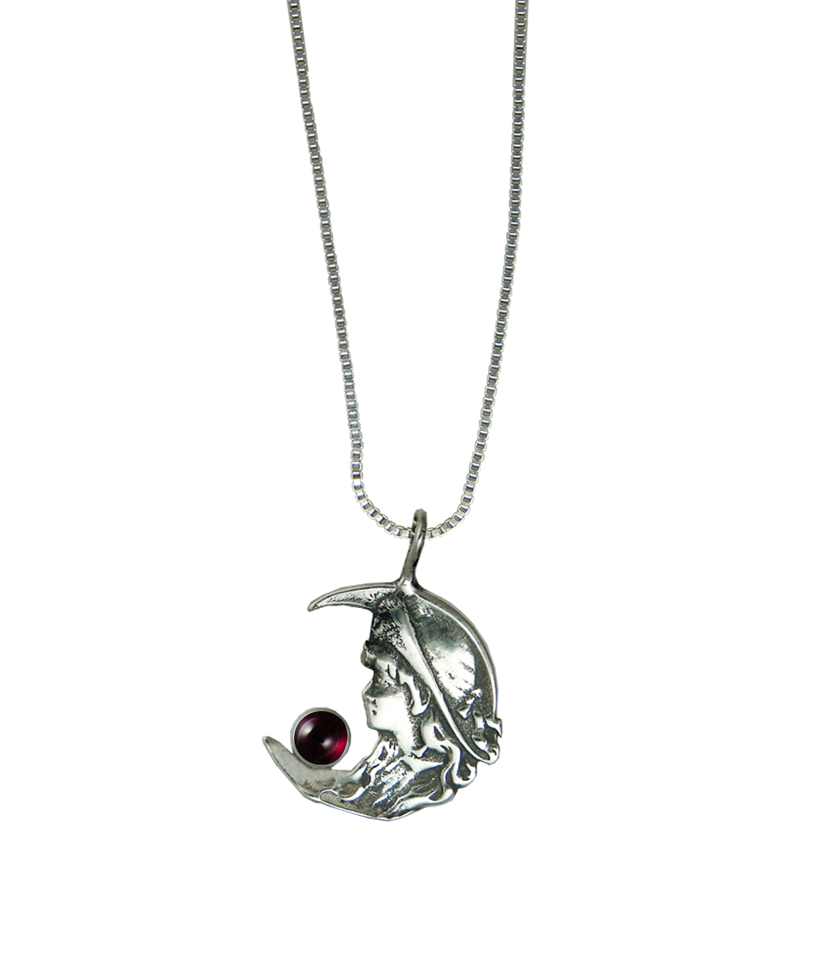 Sterling Silver Young Moon Goddess Pendant With Garnet